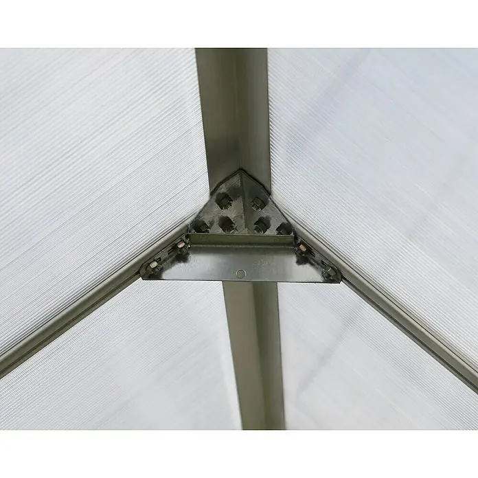 Palram – Canopia Invernadero Essence - Medidas ext. (An x Pr): 244 x 367 cm, Material de la pared lateral: Plástico, 6 mm, Plateado - Vista detallada de un marco de invernadero de metal con pernos y paneles transparentes, que garantizan la estabilidad y la transmisión de luz.
