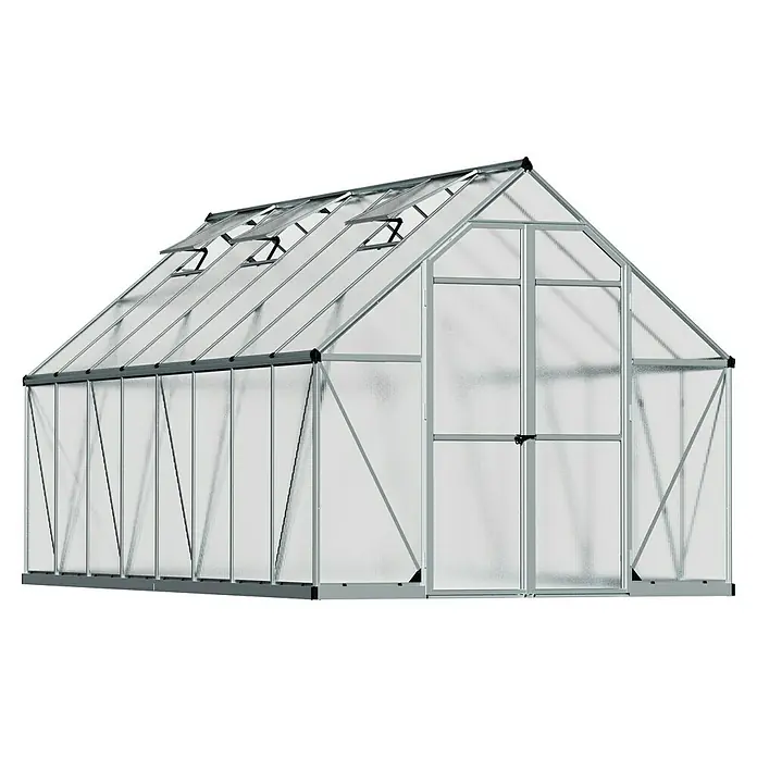 Palram – Canopia Invernadero Essence - Medidas ext. (An x Pr): 244 x 487 cm, Material de la pared lateral: Plástico, 6 mm, Plateado - Invernadero de aluminio y policarbonato, ideal para los amantes de la jardinería, ofrece una protección óptima para plantas y hortalizas.