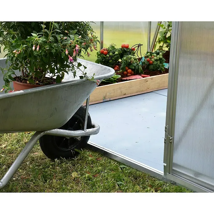 Palram – Canopia Gewächshaus Hybrid - Außenmaß inkl. Dachüberstand (B x T): 185 x 248 cm, Silber, Grundfläche: 4,6 m² - Ein Schubkarren mit einer blühenden Pflanze davor, dahinter ein Hochbeet mit Tomaten in einem Gewächshaus.
