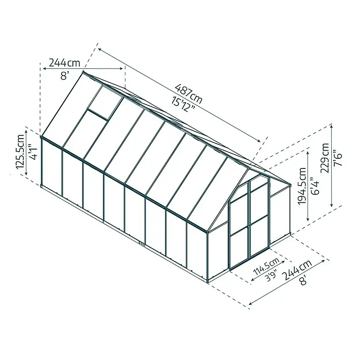 Palram – Canopia Invernadero Essence - Medidas ext. (An x Pr): 244 x 487 cm, Material de la pared lateral: Plástico, 6 mm, Plateado - Ilustración de un invernadero con dimensiones de largo, ancho y alto en centímetros y pies para especificaciones detalladas del producto.