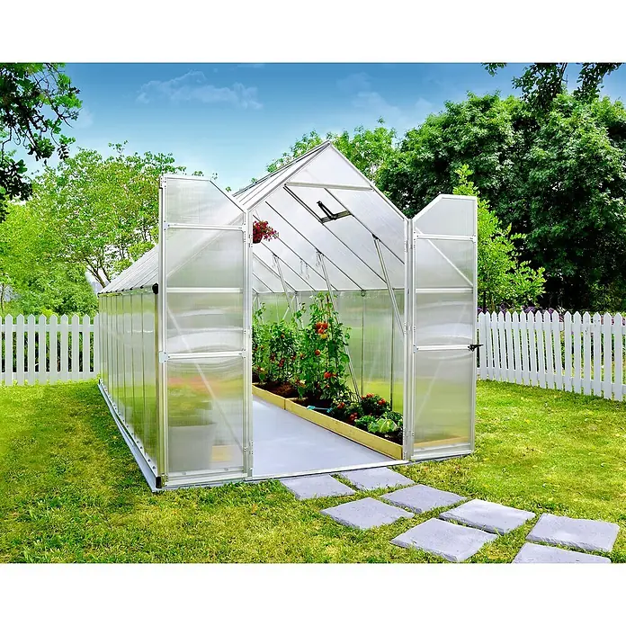 Palram – Canopia Invernadero Essence - Medidas ext. (An x Pr): 244 x 487 cm, Material de la pared lateral: Plástico, 6 mm, Plateado - Un invernadero con puertas abiertas, que muestra tomates y otras plantas que crecen en el interior. Hierba verde y una valla blanca afuera.