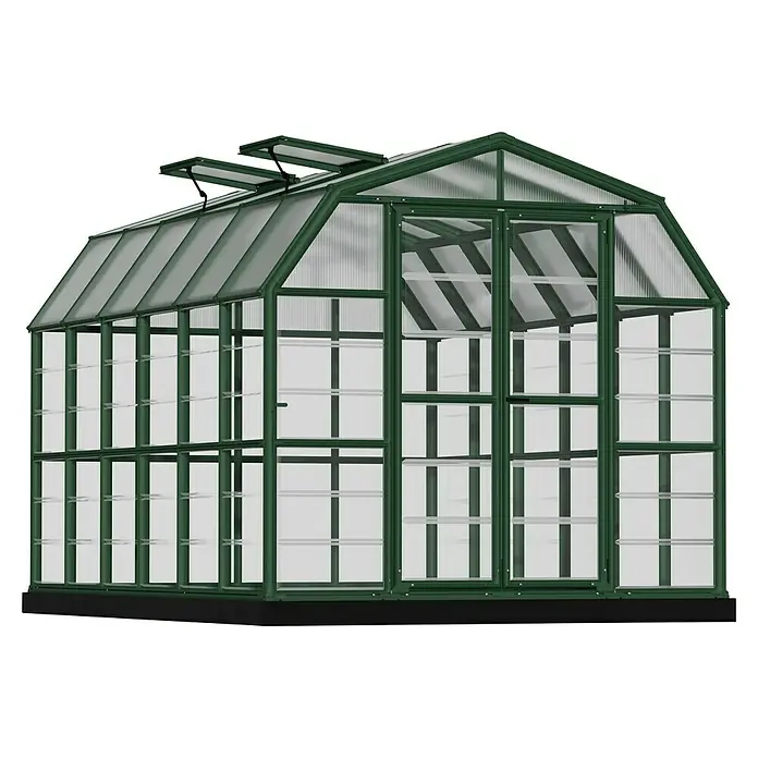 Palram – Canopia Invernadero Grand Gardener - Medidas ext. (An x Pr): 264,7 x 388,6 cm, Material de la pared lateral: Plástico, 0,8 mm, Verde - Imagen de un invernadero con estructura verde y paneles transparentes, ideal para la jardinería.