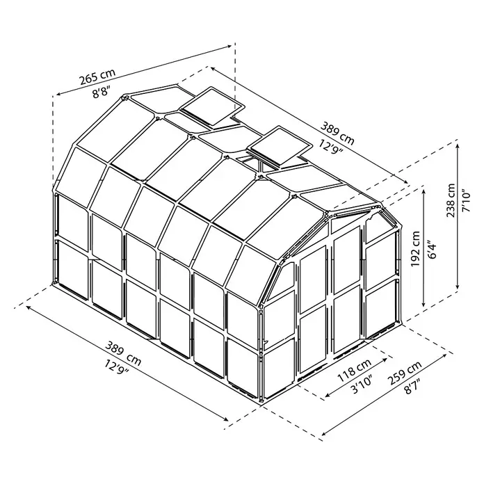 Palram – Canopia Invernadero Grand Gardener - Medidas ext. (An x Pr): 264,7 x 388,6 cm, Material de la pared lateral: Plástico, 0,8 mm, Verde - Ilustración detallada de un invernadero con medidas en centímetros y pies, mostrando su tamaño y construcción.