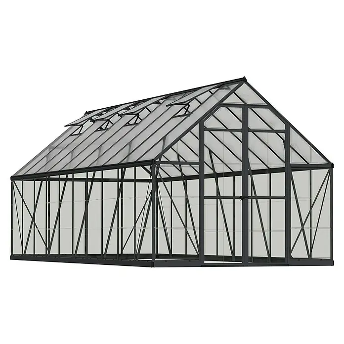 Palram – Canopia Invernadero Balance - Medidas ext. (An x Pr): 244 x 607 cm, 0,7 mm, Gris/Transparente - Imagen de un invernadero con marco gris y paneles transparentes, ideal para la horticultura y el cultivo de plantas.