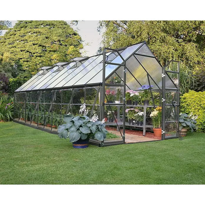 Palram – Canopia Invernadero Balance - Medidas ext. (An x Pr): 244 x 607 cm, 0,7 mm, Gris/Transparente - Un gran invernadero de cristal lleno de plantas y flores en un jardín exuberante, ideal para jardineros.