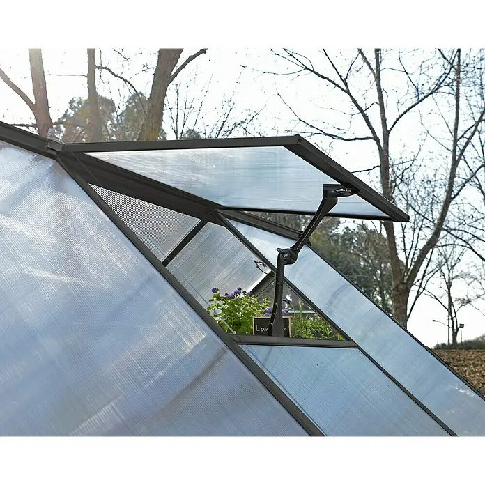 Palram – Canopia Invernadero Balance - Medidas ext. (An x Pr): 244 x 247 cm, 0,7 mm, Gris - Vista detallada de una ventana de invernadero con un abridor automático para una ventilación y control de temperatura óptimos.
