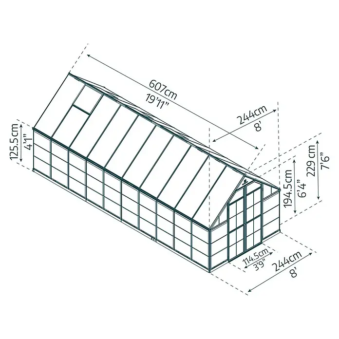 Palram – Canopia Invernadero Balance - Medidas ext. (An x Pr): 244 x 607 cm, 0,7 mm, Verde - Vista detallada de un plano de invernadero con dimensiones en centímetros y pulgadas para visualizar las medidas.