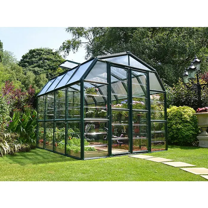 Palram – Canopia Invernadero Grand Gardener - Medidas ext. (An x Pr): 264,7 x 264,2 cm, Material de la pared lateral: Plástico, 0,8 mm, Verde - Un invernadero con plantas dentro. El invernadero es de vidrio y metal y ofrece condiciones óptimas para el cultivo de plantas.