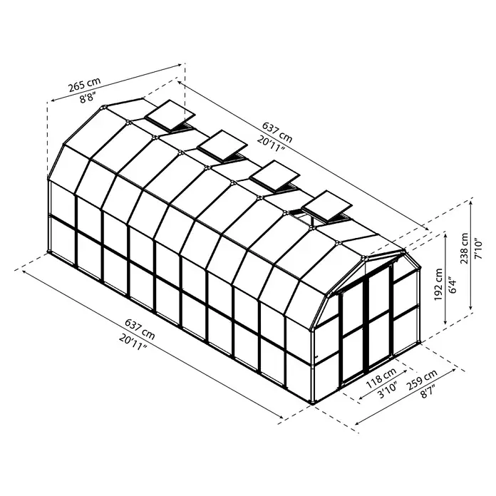 Palram – Canopia Invernadero Grand Gardener - Medidas ext. (An x Pr): 264,7 x 637,3 cm, Material de la pared lateral: Plástico, 0,8 mm, Verde - Vista isométrica de un invernadero con dimensiones que indican longitud, anchura y altura.