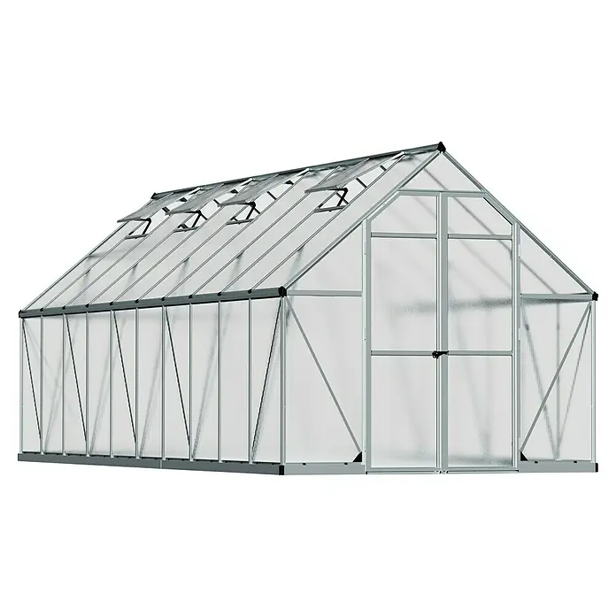 Palram – Canopia Invernadero Essence - Medidas ext. (An x Pr): 244 x 607 cm, Material de la pared lateral: Plástico, 6 mm, Plateado - Un gran invernadero con una estructura robusta y paneles transparentes, ideal para jardinería. Las ventanas del techo proporcionan una ventilación óptima.
