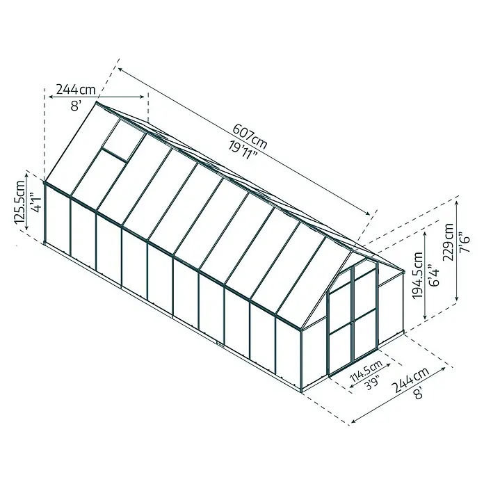 Palram – Canopia Invernadero Essence - Medidas ext. (An x Pr): 244 x 607 cm, Material de la pared lateral: Plástico, 6 mm, Plateado - Diagrama esquemático de un invernadero con dimensiones en centímetros y pies para la planificación.