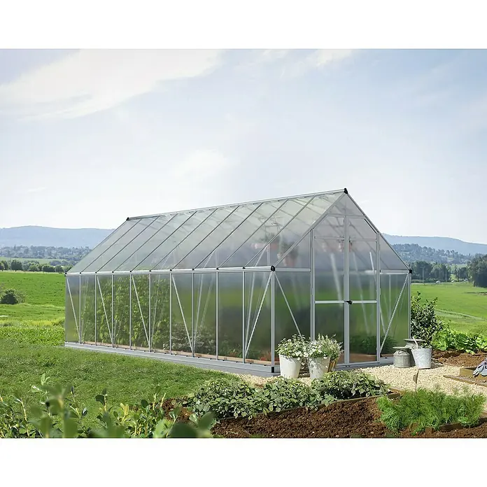 Palram – Canopia Invernadero Essence - Medidas ext. (An x Pr): 244 x 607 cm, Material de la pared lateral: Plástico, 6 mm, Plateado - Amplio invernadero con plantas y flores en el jardín. Ideal para el cultivo de hortalizas y hierbas.