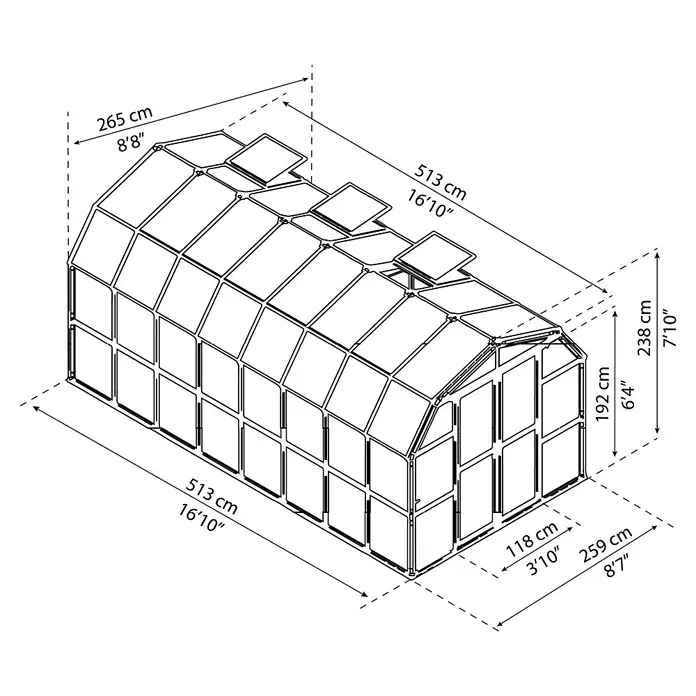Palram – Canopia Invernadero Grand Gardener - Medidas ext. (An x Pr): 264,7 x 513 cm, Material de la pared lateral: Plástico, 0,8 mm, Verde - Ilustración de un invernadero con dimensiones de 265 cm x 513 cm x 259 cm. Ideal para el jardín.
