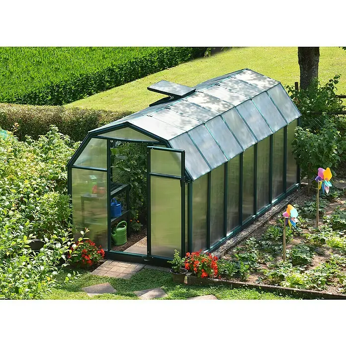 Palram – Canopia Invernadero Eco Grow - Medidas ext. (An x Pr): 204 x 445 cm, 6 mm, Verde - Una toma exterior a nivel de los ojos de un invernadero con una puerta abierta, rodeado de plantas. El invernadero tiene paredes claras.