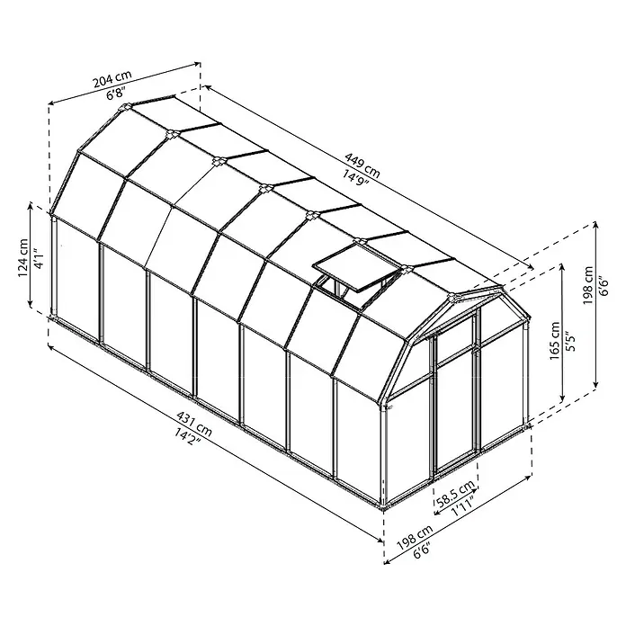 Palram – Canopia Invernadero Eco Grow - Medidas ext. (An x Pr): 204 x 445 cm, 6 mm, Verde - Vista en perspectiva de un invernadero con dimensiones en centímetros y pies, útil para la planificación de la construcción o la información del producto.