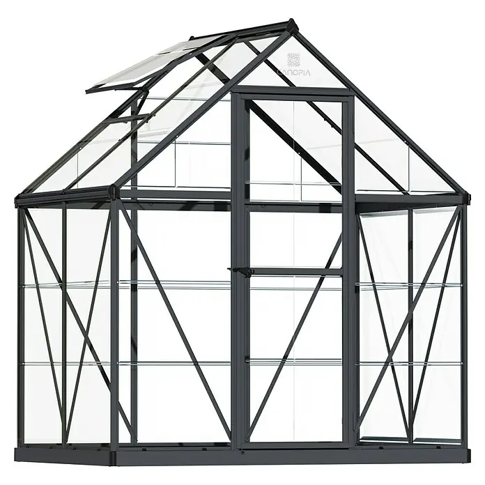 Palram – Canopia Invernadero Harmony - Medidas ext. (An x Pr): 185 x 126 cm, Gris/Transparente, Área: 2,3 m² - Imagen de un invernadero con marcos grises, paneles transparentes y una ventana abatible en el techo.