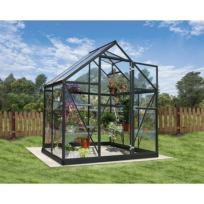 Palram – Canopia Invernadero Harmony - Medidas ext. (An x Pr): 185 x 126 cm, Gris/Transparente, Área: 2,3 m² - Amplio invernadero con plantas en múltiples estantes, perfecto para los aficionados a la jardinería que buscan cuidar y proteger sus plantas.
