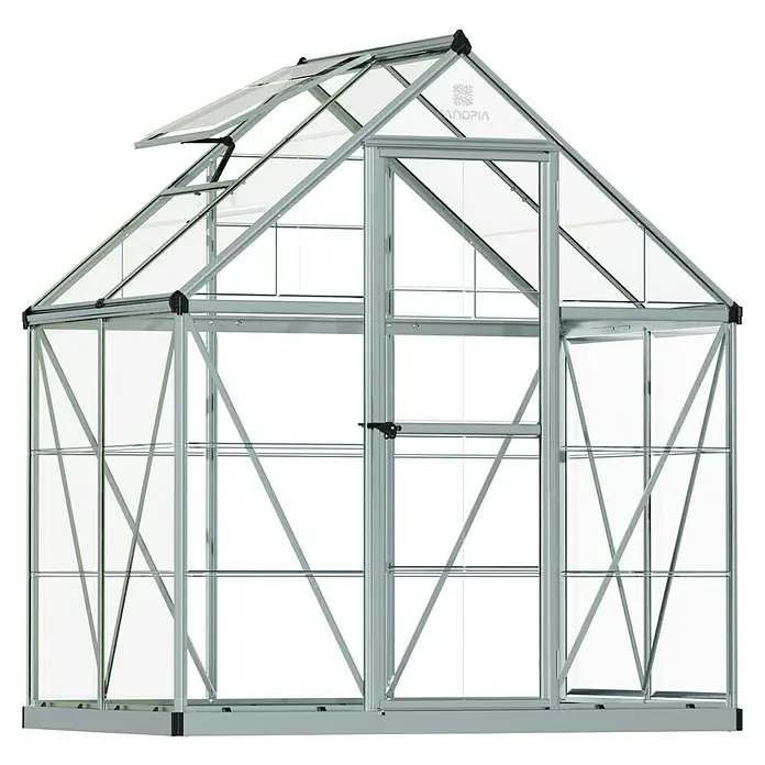 Palram – Canopia Invernadero Harmony - Medidas ext. (An x Pr): 185 x 126 cm, Plateado, Área: 2,3 m² - La imagen muestra un invernadero con marco plateado y paneles de vidrio, adecuado para jardinería y cultivo de plantas.