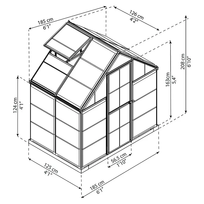 Palram – Canopia Invernadero Harmony - Medidas ext. (An x Pr): 185 x 126 cm, Plateado, Área: 2,3 m² - Un dibujo esquemático detallado de un invernadero con dimensiones etiquetadas en centímetros y pies.