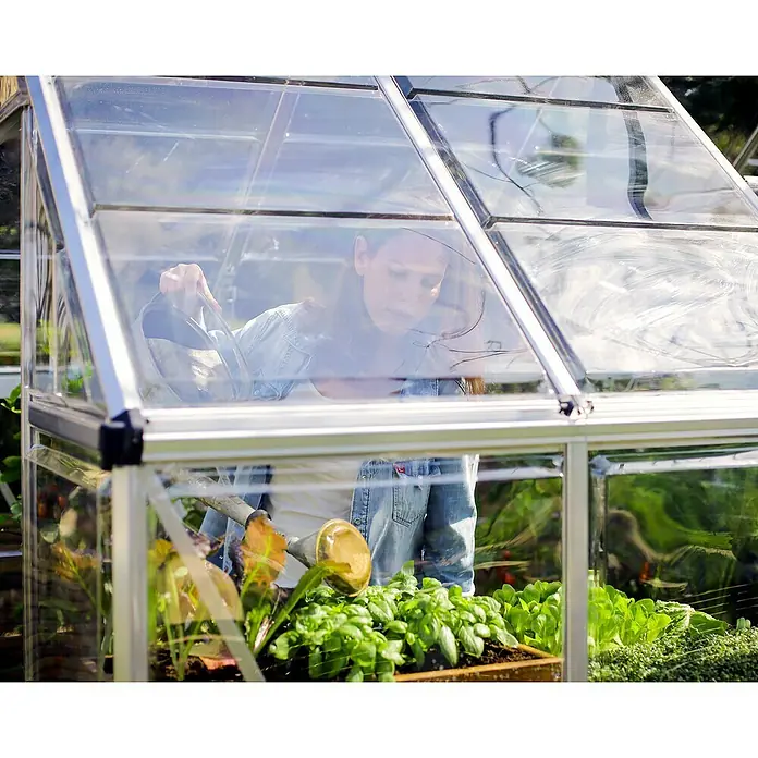 Palram – Canopia Invernadero Harmony - Medidas ext. (An x Pr): 185 x 126 cm, Plateado, Área: 2,3 m² - Una mujer riega las plantas en un invernadero, con un marco plateado y paredes transparentes, promoviendo el crecimiento.