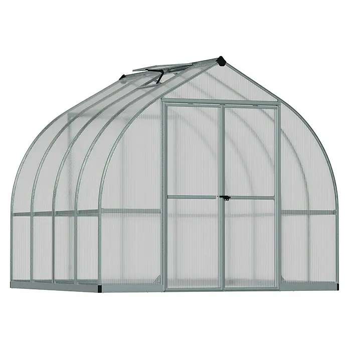 Palram – Canopia Invernadero Bella - Medidas ext. (An x Pr): 244 x 244 cm, 6 mm, Plateado - Un invernadero con paredes transparentes y una puerta doble. El invernadero tiene una forma redondeada y una ventana en el techo.