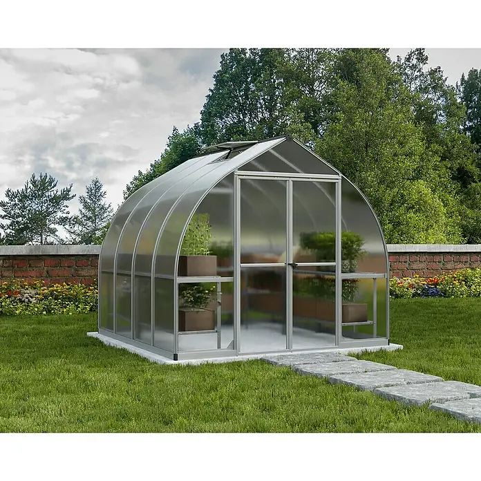 Palram – Canopia Invernadero Bella - Medidas ext. (An x Pr): 244 x 244 cm, 6 mm, Plateado - Primer plano de un invernadero con estantes para plantas en el jardín. Es una gran adición para cualquier entusiasta de la jardinería para cultivar plantas.