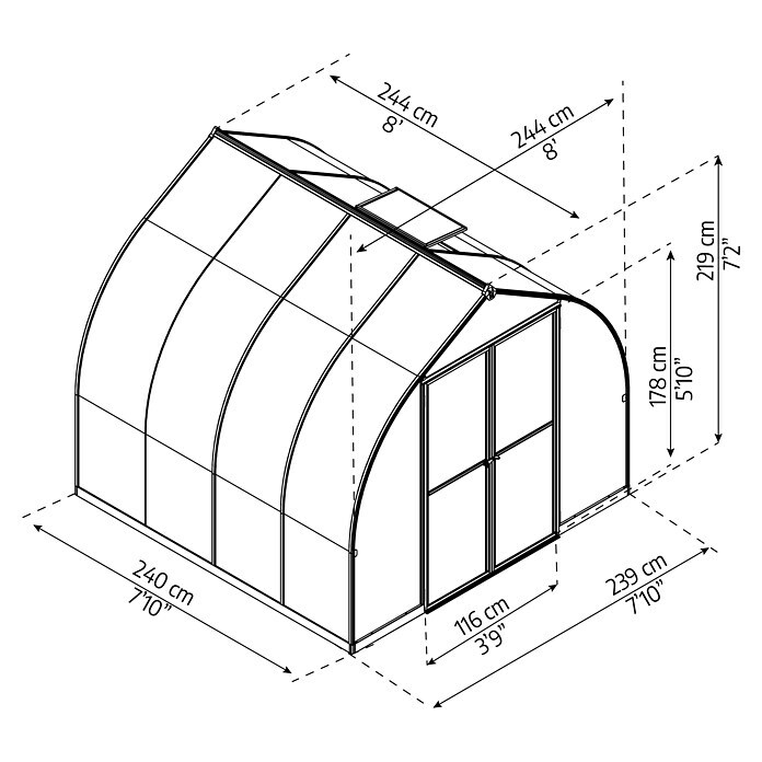 Invernadero (2,44 x 2,44 x 2,17 m, Policarbonato, Espesor de vidrio: 6 mm, Plateado)