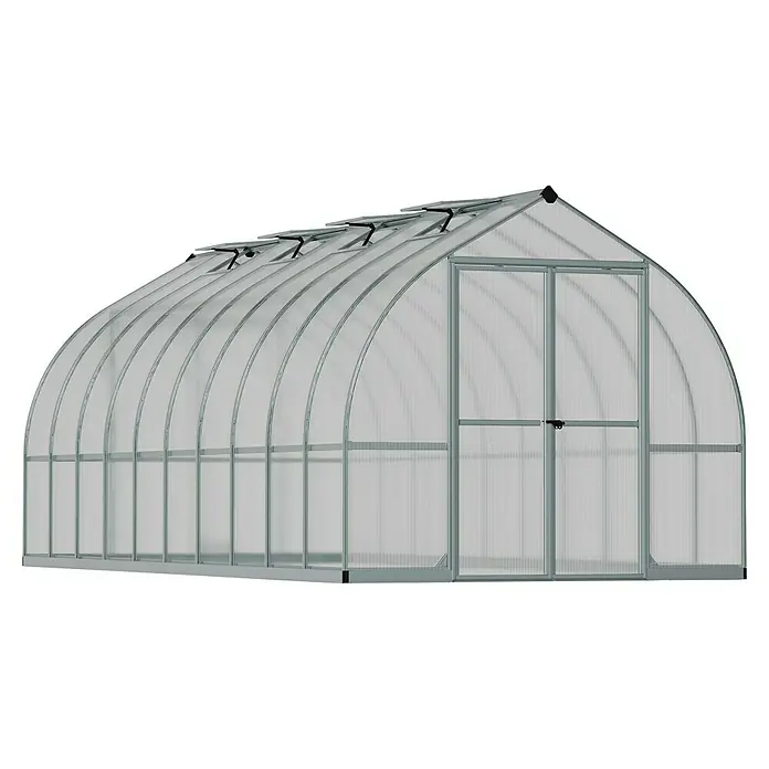 Palram – Canopia Invernadero Bella - Medidas ext. (An x Pr): 244 x 604 cm, 6 mm, Plateado - Imagen de un invernadero con paredes transparentes y estructura gris, diseñado para jardinería y cultivo de plantas.