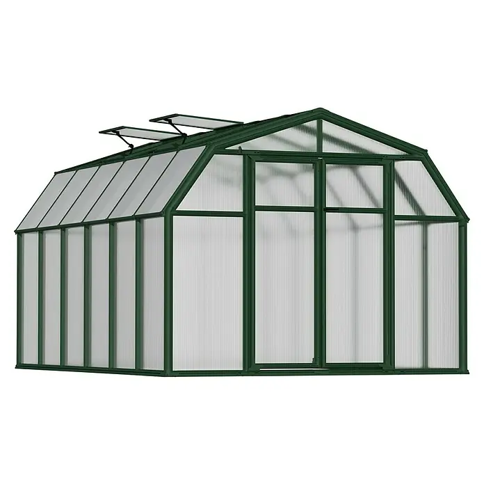 Palram – Canopia Invernadero Hobby Gardener - Medidas ext. (An x Pr): 266 x 391 cm, 6 mm, Verde - Imagen de un invernadero con marcos verdes y paneles transparentes, ideal para la jardinería y el cultivo de plantas.