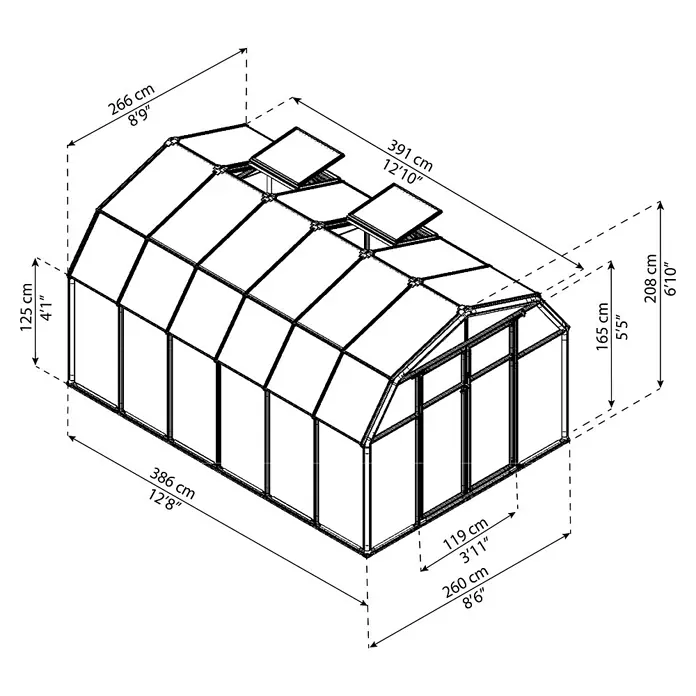 Palram – Canopia Invernadero Hobby Gardener - Medidas ext. (An x Pr): 266 x 391 cm, 6 mm, Verde - Diagrama dimensional de un invernadero, que muestra las dimensiones de ancho, alto y largo en centímetros y pulgadas.