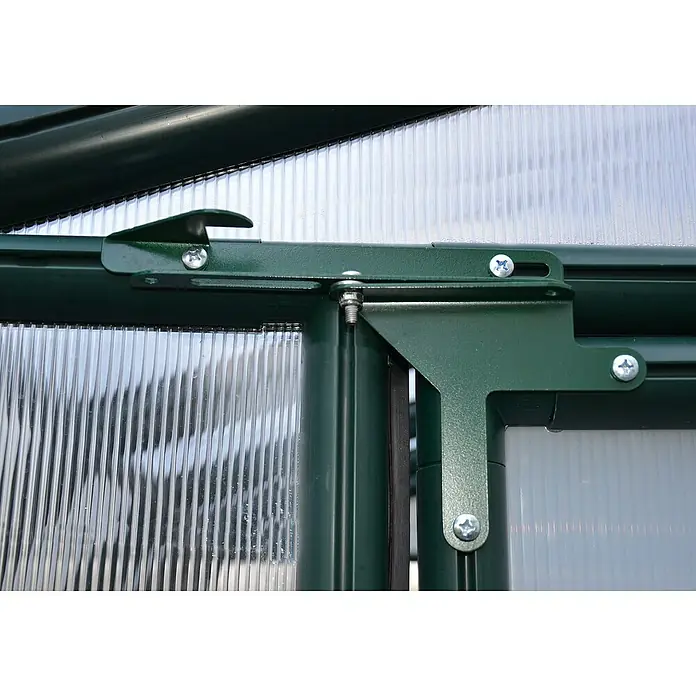 Palram – Canopia Invernadero Hobby Gardener - Medidas ext. (An x Pr): 266 x 391 cm, 6 mm, Verde - Primer plano de una bisagra de puerta verde en un invernadero, fijada con tornillos.