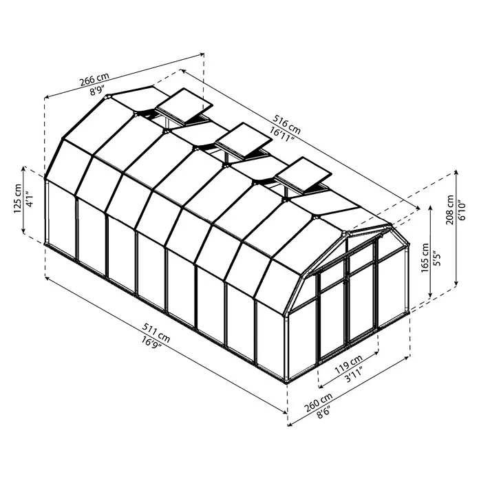 Palram – Canopia Invernadero Hobby Gardener - Medidas ext. (An x Pr): 266 x 516 cm, 6 mm, Verde - Vista detallada de un plano de invernadero con dimensiones que muestran el tamaño y la estructura del invernadero.