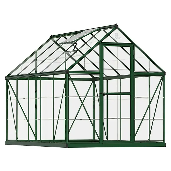 Palram – Canopia Invernadero Harmony - Medidas ext. (An x Pr): 185 x 306 cm, Verde, Área: 5,7 m² - Un invernadero verde con paredes transparentes y una claraboya, ideal para la jardinería y el cultivo de plantas.
