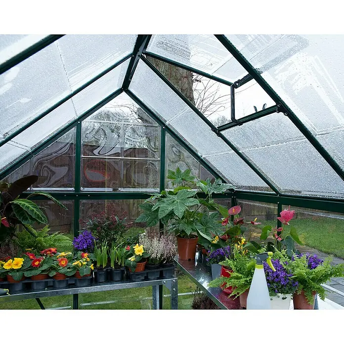 Palram – Canopia Gewächshaus Harmony - Außenmaß inkl. Dachüberstand (B x T): 185 x 126 cm, Grün, Grundfläche: 2,3 m² - Das Bild zeigt ein Gewächshaus mit einer Vielzahl von Pflanzen und Blumen, die auf Tischen angeordnet sind. Das Gewächshaus ist hell und die Pflanzen sehen gesund aus.
