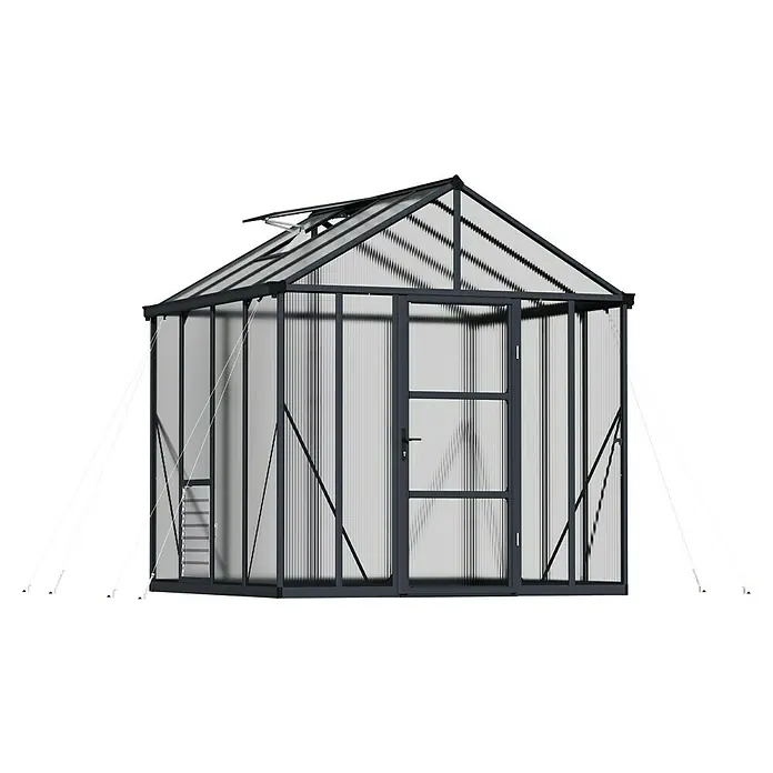 Palram – Canopia Invernadero Glory - Medidas ext. (An x Pr): 244,5 x 244 cm, 10 mm, Antracita - Primer plano de un invernadero con estructura gris y paneles transparentes. El invernadero tiene un tejado a dos aguas y una puerta al frente.