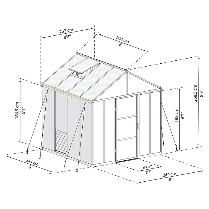 Palram – Canopia Invernadero Glory - Medidas ext. (An x Pr): 244,5 x 244 cm, 10 mm, Antracita - Vista detallada del invernadero con dimensiones de largo, ancho y alto en centímetros y pies.