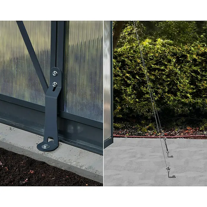 Palram – Canopia Invernadero Glory - Medidas ext. (An x Pr): 244,5 x 484 cm, 10 mm, Antracita - Vista detallada de un invernadero anclado a los cimientos con cables de acero y fijaciones para protección contra tormentas.