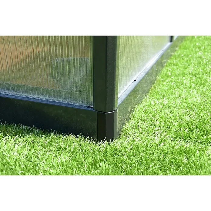 Palram – Canopia Invernadero Glory - Medidas ext. (An x Pr): 244,5 x 364 cm, 10 mm, Antracita - Primer plano de una esquina de invernadero con paneles claros y marco negro sobre césped verde, destacando su estabilidad y diseño.