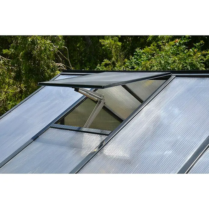 Palram – Canopia Invernadero Glory - Medidas ext. (An x Pr): 244,5 x 364 cm, 10 mm, Antracita - Primer plano de una ventana de invernadero abierta, con soportes metálicos resistentes y paneles de policarbonato transparente.