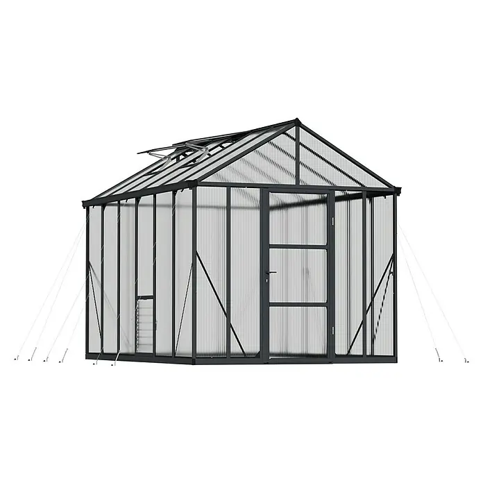 Palram – Canopia Invernadero Glory - Medidas ext. (An x Pr): 244,5 x 364 cm, 10 mm, Antracita - Un invernadero con techo y paredes transparentes diseñado para el cultivo de plantas en un entorno controlado.