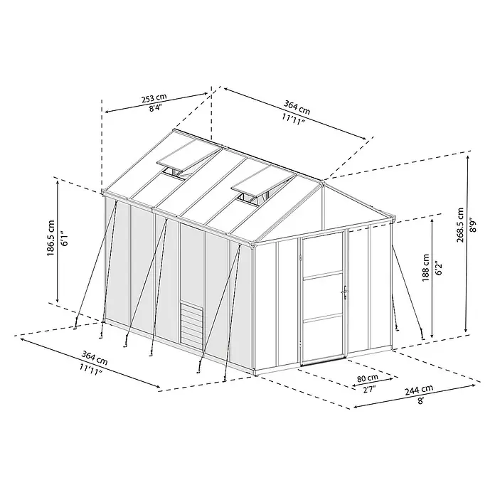 Palram – Canopia Invernadero Glory - Medidas ext. (An x Pr): 244,5 x 364 cm, 10 mm, Antracita - Un dibujo esquemático detallado de un invernadero, con dimensiones de altura, anchura y profundidad proporcionadas en centímetros y pies.