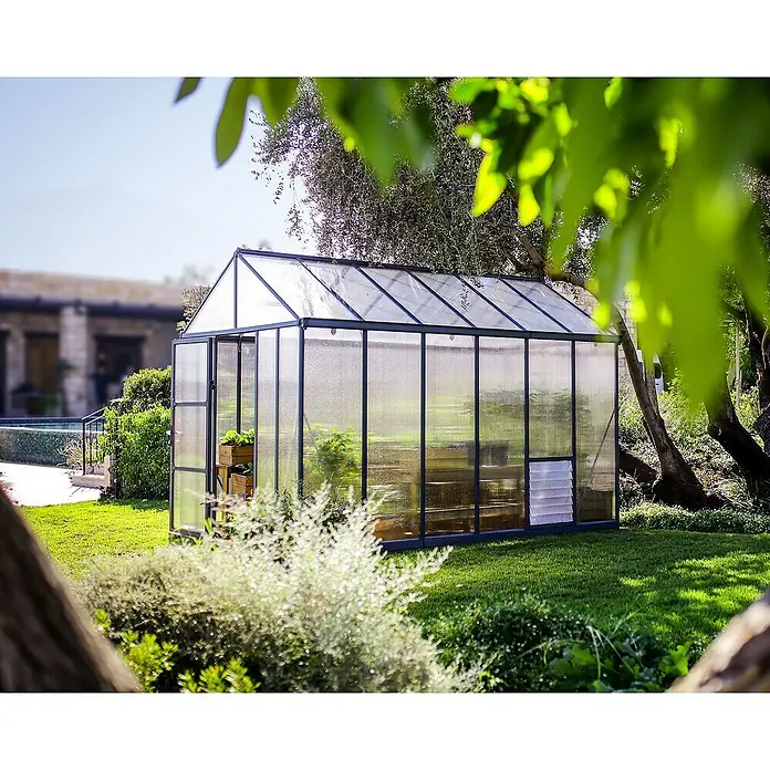 Palram – Canopia Invernadero Glory - Medidas ext. (An x Pr): 244,5 x 364 cm, 10 mm, Antracita - Invernadero en el jardín. El invernadero ofrece espacio para verduras y plantas y proporciona un excelente ambiente para el cultivo.