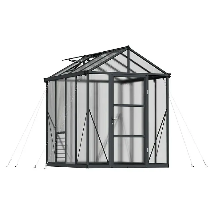 Palram – Canopia Invernadero Glory - Medidas ext. (An x Pr): 195,5 x 244,5 cm, 10 mm, Antracita - Imagen de un invernadero negro con paneles de policarbonato y una ventana de techo abierta, sostenido por cuerdas tensoras blancas.