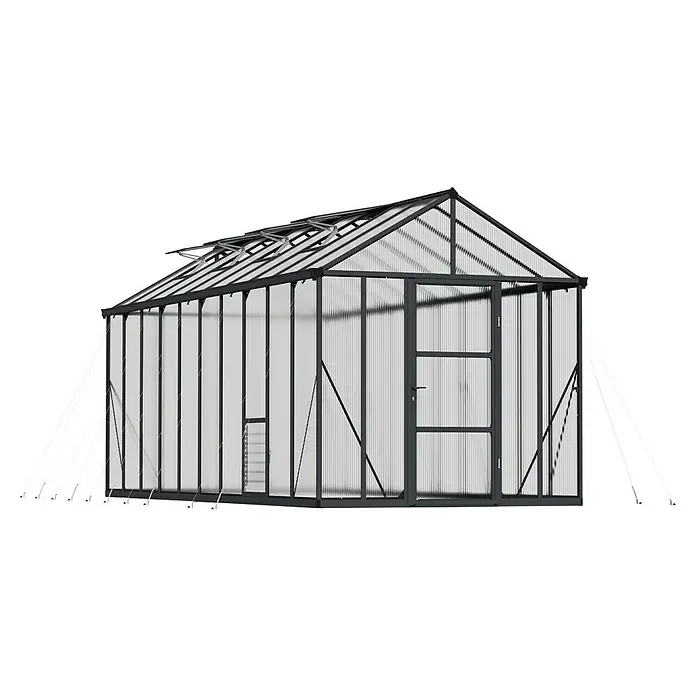 Palram – Canopia Invernadero Glory - Medidas ext. (An x Pr): 253 x 604 cm, 10 mm, Antracita - Imagen de un invernadero con una estructura robusta, ideal para el cultivo de plantas y verduras en tu jardín. Ideal para cosechar.