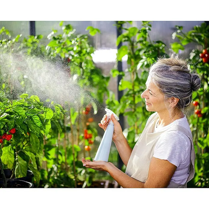 Palram – Canopia Invernadero Glory - Medidas ext. (An x Pr): 253 x 604 cm, 10 mm, Antracita - Una mujer rocía una planta con un atomizador. La atención se centra en la fina niebla de agua que se dispersa en las hojas.