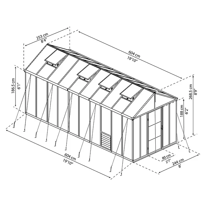 Palram – Canopia Invernadero Glory - Medidas ext. (An x Pr): 253 x 604 cm, 10 mm, Antracita - Un dibujo en perspectiva de un invernadero con dimensiones.