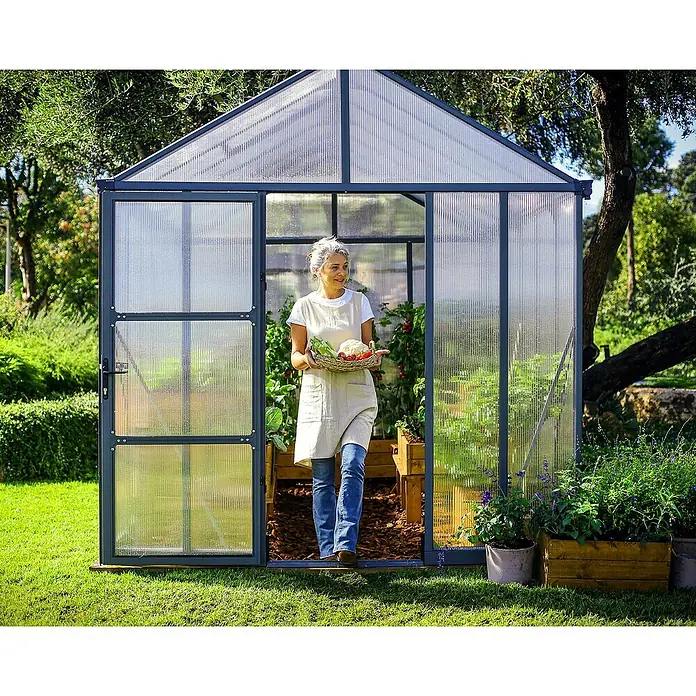 Palram – Canopia Invernadero Glory - Medidas ext. (An x Pr): 244,5 x 364 cm, 10 mm, Antracita - Mujer con cosecha delante de un invernadero de paneles de policarbonato. El invernadero ofrece una protección óptima para plantas y verduras.