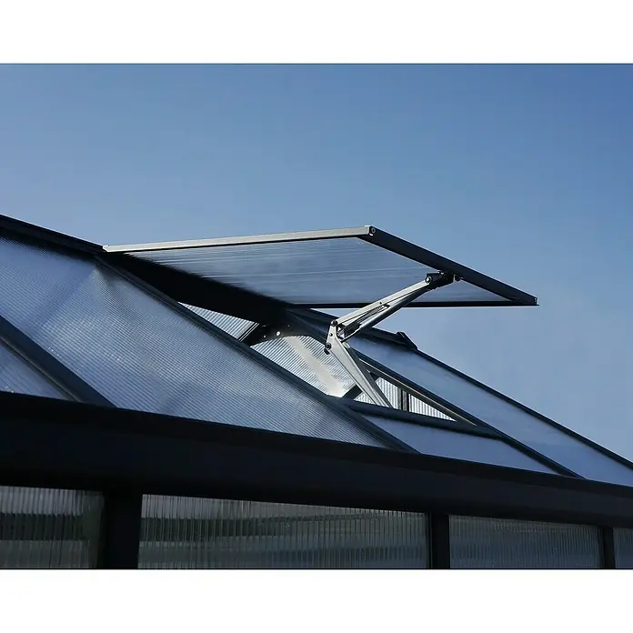 Palram – Canopia Invernadero Glory - Medidas ext. (An x Pr): 195,5 x 244,5 cm, 10 mm, Antracita - Primer plano de una ventana de techo abierta de un invernadero con un cielo azul de fondo, mostrando la ventilación.