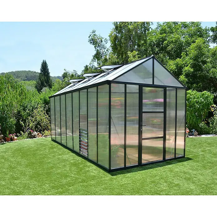 Palram – Canopia Invernadero Glory - Medidas ext. (An x Pr): 244,5 x 484 cm, 10 mm, Antracita - Un gran invernadero con estructura negra y paredes transparentes sobre césped verde, rodeado de árboles.