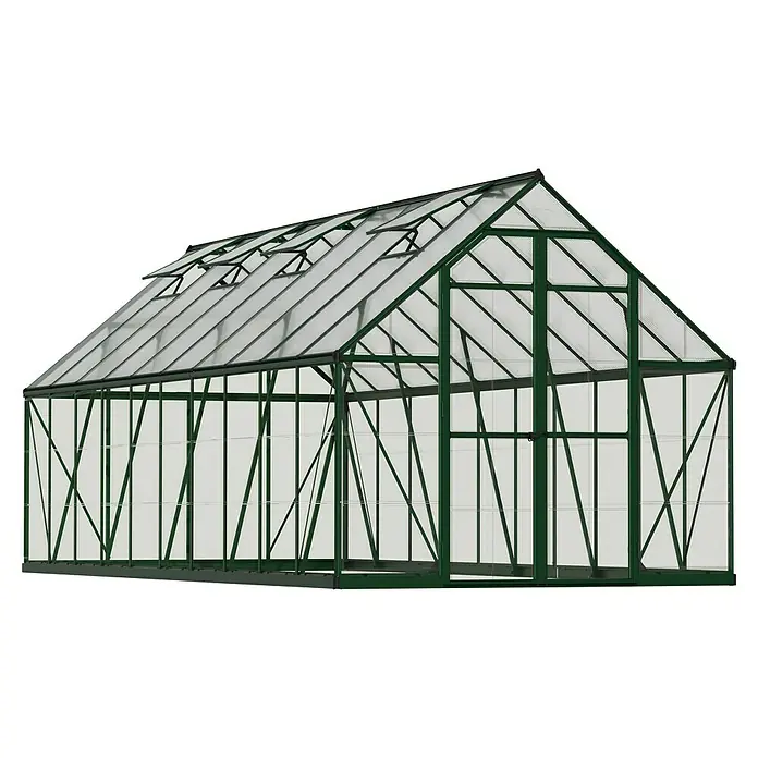 Palram – Canopia Invernadero Balance - Medidas ext. (An x Pr): 244 x 607 cm, 0,7 mm, Verde - La imagen muestra un invernadero con un marco verde y paneles transparentes, ideal para los amantes de la jardinería.
